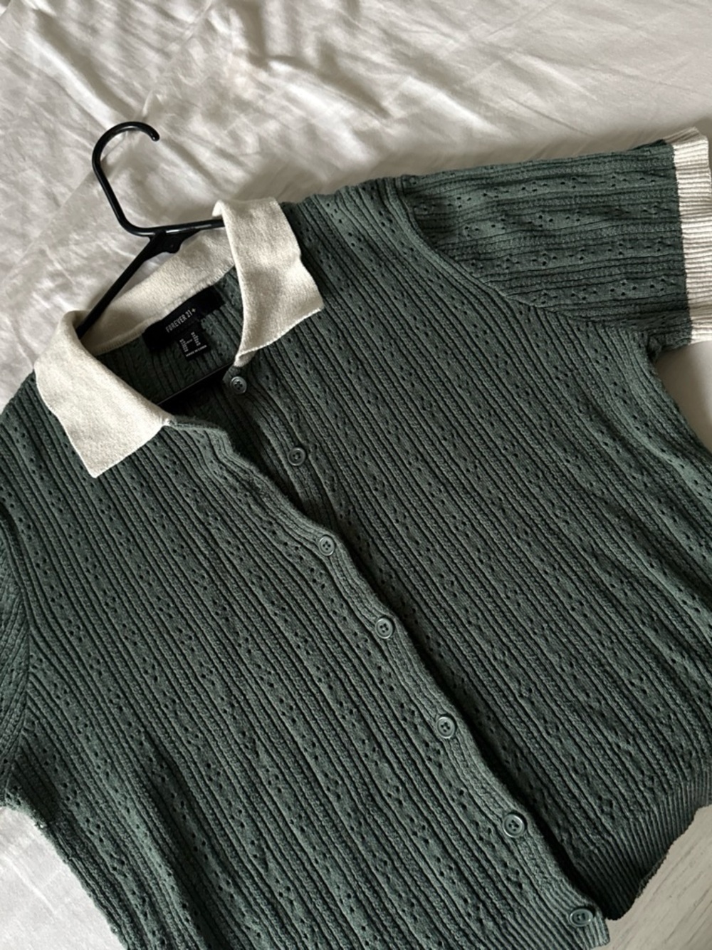 Forever 21 Forest Green Knit Polo Cardigan with Cream Collar